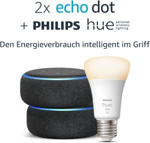 as Smart-Home-Set: 2 x Echo Dot (3. Gen.), Anthrazit Stoff + Philips Hue White Smart Bulb (E27), Funktionert mit Alexa
