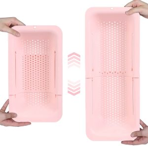 BLUE GINKGO Siebkorb über der Spüle – Gemüse und Obst waschen, gekochte Nudeln abtropfen lassen – ausziehbar – Küchenutensilien (20 B x 37~49 L x 7 H) cm – Pink