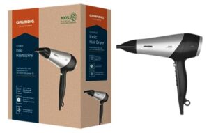 Grundig HD 6080 B Haartrockner | Ionen Föhn mit Diffusor, 3 Temperatur- und 2 Luftstromstufen | 2.200 W, Schwarz/Silber, 16.99