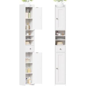 BEWISHOME Badschrank schmal hoch, Hochschrank Badezimmer, Badschrank mit 2 Türen, 1 Schublade und verstellbaren Regalen,für Badezimmer, Wohnzimmer, Küche, 20 x 20 x 180 cm (Weiß) EYYG07W, 35.99