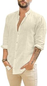 Friptspyg Leinenhemd Herren Hemd Langarm Baumwolle Leinen Hemden Button-Down Freizeithemden Casual Regular Fit Sommerhemd, Beige L, 14.99,
