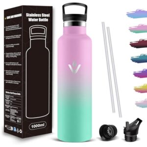 , Mujigaga Trinkflasche 1L, Auslaufsichere Wasserflasche Sport Isolierflasche Mit Strohhalm, Kohlensäure Geeignet, BPA-Frei, Trinkflasche Edelstahl Doppelwandig für Büro, Camping, Wandern, Reisen