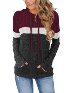 , Cuptacc Hoodie Damen Elegant Pullover Tunika Damen Langarm Ausgefallene Pullover Mit Kapuze Hoodie Farbblock Weinrotgrau M 38-40