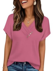 , Cuptacc Tshirt Damen V Hals T Shirt Sommer Mit Knopf Basic Hibiskus Lila XL