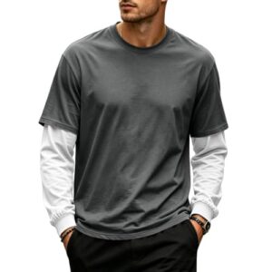 Leinen Hemd Herren Langarm Rundhalsausschnitt Langarm Shirt Zweiteiliges Sweatshirt Mit Patchwork-Design Mode Freizeitshirt Herbst Funktionsshirt Longsleeve Für Alltag Party Dark Gray S, 14.99,