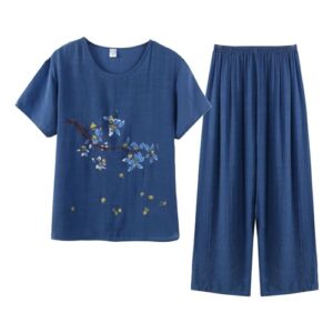 , Uwdiohq Damen Zweiteiler Elegant Atmungsaktive Und Bequeme Kurzarmhosen Baumwolle Leinen Für Den Damen, Zwei Sets (Blau, Xxl) 3 Teiler Outfit Elegante Festlich Sommer Hosenanzug Sportlich