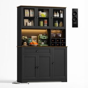 , Wumagin Küchenschrank mit Arbeitsplatte, Buffetschrank mit Weinregal, LED-Licht & Steckdose mit USB, Verstellbare Einlegeböden Anti-Kipp Vorrichtung, Sideboard Küche für Wohnzimmer Esszimmer