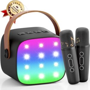 , Karaoke Maschine mit 2 Karaoke Mikrofon, Tragbarer Bluetooth Lautsprecher mit LED Lichteffekten für Kinder Erwachsene, Musikinstrumente Equipment Karaoke-Systeme (Schwarz)