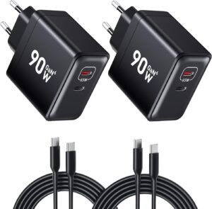 HSSNS 90W USB C Ladegerät, 2-Pack 2 Port Schnellladegerät mit Kabel, GaN PD Charger für iPhone 17/16/15 Series, MacBook Pro, iPad, Galaxy, Pixel und mehr