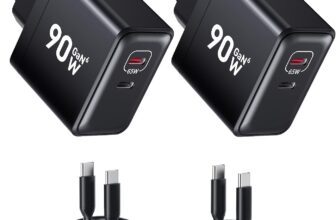 HSSNS 90W USB C Ladegerät, 2-Pack 2 Port Schnellladegerät mit Kabel, GaN PD Charger für iPhone 17/16/15 Series, MacBook Pro, iPad, Galaxy, Pixel und mehr