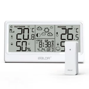 BALDR 8,5″ LCD-Bildschirm Wetterstation RCC Wecker Digitaler Temperatur- und Feuchtigkeitsmesser Wettervoderhersage Kale