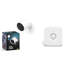 Philips Hue Secure kabelgebundene Smart Home Überwachungskamera mit Standfuß, Full HD Video, Smart Home Security und Lichtsteuerung per App, weiß + Hue Bewegungsmelder Indoor, Tageslichtsensor, weiß