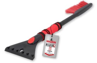 NIGRIN Eiskratzer Auto mit Schneebesen, ergonomischer rutschfester Softgriff, aus hochstabilem ABS, Schwarz-Rot