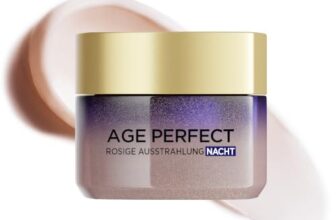 L’Oréal Paris Kühlende Nachtpflege für Frauen: für eine ebenmäßige & strahlende Haut & rosig frische Ausstrahlung mit Pfingsrosen-Zellen, Calcium und Vitamin B3 & LSF 20, Age Perfect Golden Age1x 50ml