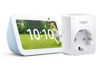 Echo Show 5 (3. Gen.) | Graublau + TP-Link Tapo P110MA WLAN-Steckdose mit Energieverbrauchskontrolle, Funktionert mit Alexa – Smart Home-Einsteigerpaket