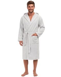 Twinzen Bademantel 100% Baumwolle Kapuze für Herren Oeko TEX Zertifiziert – Morgenmantel 2 Taschen, Gürtel und Schlaufe zum Aufhängen – Weich, Saugfähig und Bequem, L, Weiß