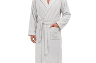 Twinzen Bademantel 100% Baumwolle Kapuze für Herren Oeko TEX Zertifiziert – Morgenmantel 2 Taschen, Gürtel und Schlaufe zum Aufhängen – Weich, Saugfähig und Bequem, L, Weiß