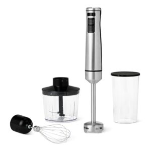 Amazon Basics 1000-W-Stabmixer mit Turbotaste, Mehreren Geschwindigkeiten, Schneebesenaufsatz, 500-ml-Zerkleinerer, 700-ml-Messbecher, Silber