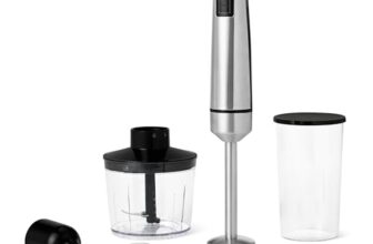 Amazon Basics 1000-W-Stabmixer mit Turbotaste, Mehreren Geschwindigkeiten, Schneebesenaufsatz, 500-ml-Zerkleinerer, 700-ml-Messbecher, Silber