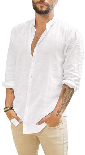 Friptspyg Leinenhemd Herren Hemd Langarm Baumwolle Leinen Hemden Button-Down Freizeithemden Casual Regular Fit Sommerhemd, Weiß M