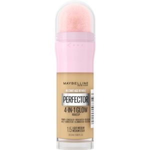 Maybelline New York 4-in-1 Make Up mit Concealer, BB Cream, Highlighter und Primer, für einen perfekten Teint, Foundation mit leichter Deckkraft, Instant Perfector Glow, Nr. 1.5 Light Medium, 20 ml