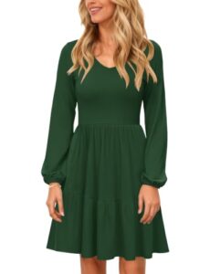 AUSELILY Damen Kleid Langarm V-Ausschnitt mit Tasche Midi Leicht Grün L