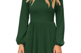 AUSELILY Damen Kleid Langarm V-Ausschnitt mit Tasche Midi Leicht Grün L