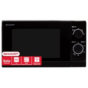 Sharp R200BKW Solo-Mikrowelle/ 20 L/ 800 W/ 5 Leistungsstufen/ Timer von 35 Minuten bis 00 Sekunden/ Gewichtgesteuertes Auftauen/ Energiesparmodus/ Glasdrehteller (25, 5 cm)/ Schwarz