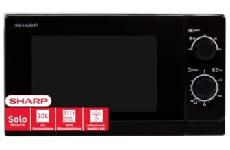 Sharp R200BKW Solo-Mikrowelle/ 20 L/ 800 W/ 5 Leistungsstufen/ Timer von 35 Minuten bis 00 Sekunden/ Gewichtgesteuertes Auftauen/ Energiesparmodus/ Glasdrehteller (25, 5 cm)/ Schwarz