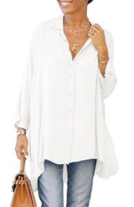 Cicy Bell Damen Bluse Oversized Langarm Button Down Hemdbluse V-Ausschnitt Sommer Satin T-Shirt Elegant Oberteile Shirt Einfarbig Casual Tops Weiß L