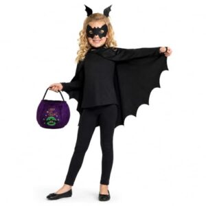 YANFALE Halloween Fledermaus Kostüm Kinder Set mit Fledermaus Flügel Umhang, Maske, Haarklammern & Süßigkeitenbeutel, Vampir Kostüm Mädchen für Karneval