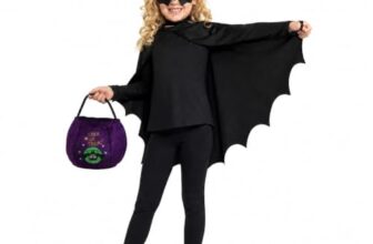 YANFALE Halloween Fledermaus Kostüm Kinder Set mit Fledermaus Flügel Umhang, Maske, Haarklammern & Süßigkeitenbeutel, Vampir Kostüm Mädchen für Karneval