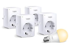 TP-Link Tapo WLAN Smart Steckdose Tapo P100, Smart Home WiFi Steckdose, Alexa Zubehör 4er pack, Kein Hub notwendig, Mini + smarte WLAN Glühbirne E27, dimmbar 8.7 W, kein Hub notwendig