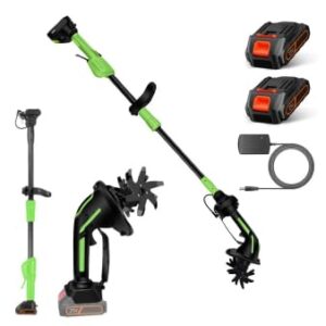 Akku Gartenfräse, Kabelloser Mini Kultivator mit 21V Akku, Elektro Bodenhacke mit Verlängerungsstange (1,3 m), 10 cm Arbeitsbreite & -Tiefe für Bodenbearbeitung, Jäten, Umgraben (2 Batterie)