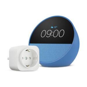 Echo Spot | Blau + Amazon Basics EU-Smart Plug, Funktionert mit Alexa – Smart Home-Einsteigerpaket