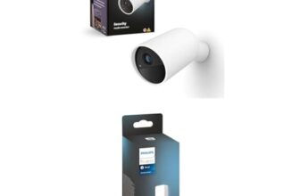 Philips Hue Secure kabellose Smart Home Überwachungskamera, weiß + Philips Hue Secure Smart Home Kontaktsensor für Türen und Fenster, Smart Home Security und Lichtsteuerung mit nur einer App, schwarz