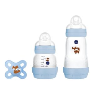 MAM, Geschenkset für Neugeborene, 1 x Anti-Colic Flasche 130 ml, 1 x Anti-Colic Flasche 260 ml, 1 x Original Start Schnuller, ab 0 Monaten, Blau