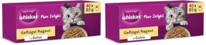 Whiskas 1+ Katzennassfutter Ragout Geflügel Auswahl in Gelee, 40x85g (1 Packung) – Hochwertiges Nassfutter für ausgewachsene Katzen in 40 Portionsbeuteln (Packung mit 2)