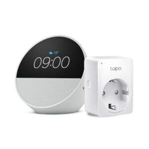 Echo Spot | Weiß + TP-Link Tapo P110MA WLAN-Steckdose mit Energieverbrauchskontrolle, Funktionert mit Alexa – Smart Home-Einsteigerpaket