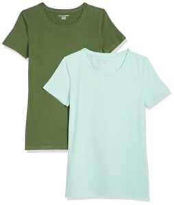 Amazon Essentials Damen T-Shirt mit kurzen Ärmeln und Rundhalsausschnitt in normaler Passform, 2er-Pack, Armeegrün/Minzgrün, M