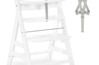 hauck Kinder Hochstuhl Alpha+, Mitwachsend ab 6 Monate, Buchenholz, Stabil & Sicher bis 90 kg, Inklusive 5-Punkt-Gurt, Schrittgurt und Schutzbügel, Kompatibel mit hauck Zubehör, Weiß