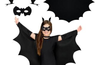 JSRHEEM Halloween Fledermaus Kostüm für Kinder – Fledermaus Cape + Maske + Haarklammer –Perfekt für Halloween Gruselparty, Fasching, Rollenspiel(M)