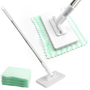 PIWOSGOL Wischmopp mit Druck-Klemm-System, EIN Knopf zum Wechseln, Automatisches Klemmtuch, Bodenwischer mit 10 Mikrofasertüchern für Enge Räume, Trocken & Nass Reinigung von Boden, Wand