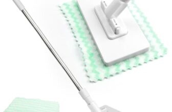 PIWOSGOL Wischmopp mit Druck-Klemm-System, EIN Knopf zum Wechseln, Automatisches Klemmtuch, Bodenwischer mit 10 Mikrofasertüchern für Enge Räume, Trocken & Nass Reinigung von Boden, Wand