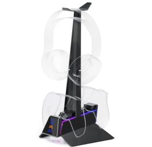 Oniverse PS5 Controller Ladegerät, 2H Schnellladestation, Controller Halterung und PS5 Zubehör, Dual Ladegerät kompatibel mit DualSense, Abnehmbarer Kopfhörer-Ladegerät, Ladestation X3, Schwarz