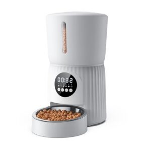 Faroro Futterautomat Katze, 4L Katzenfutter Automat, Futterspender Katze Mit 1–6 Mahlzeiten Pro Tag, Portionskontrolle, 10s Sprache, Langsames Füttern (Weiß)