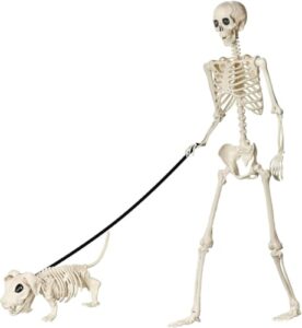 165cm Lebensgroßes Posierbares Halloween Skelett, Realistische Skelettknochen mit Beweglichen Gelenken & Hundeskelett – Deko für Outdoor Halloween, Gruselhaus, Friedhofsszenen, Horror-Themenpartys