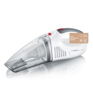 SEVERIN 3-in-1 Akku Handstaubsauger S’POWER home & car, kabelloser Nass- & Trockensauger mit 7,4V Li-Ionen Akku, Autostaubsauger inkl. 12V-Ladekabel, weiß/rot, HV 7144
