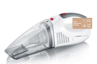 SEVERIN 3-in-1 Akku Handstaubsauger S’POWER home & car, kabelloser Nass- & Trockensauger mit 7,4V Li-Ionen Akku, Autostaubsauger inkl. 12V-Ladekabel, weiß/rot, HV 7144