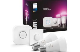Philips Hue White & Color Ambiance Starter Set mit E27 Lampen 2-er Pack (1100), Smart Button + Hue Bridge, 16 Mio. Farben per Sprache und App steuerbar